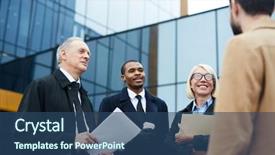  Presentation with modern building - Presentation design with happy intercultural colleagues discussing working background and a ocean colored foreground