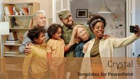  Presentation with living room family - Slides enhanced with happy-intercultural-family-of-six background and a coral colored foreground