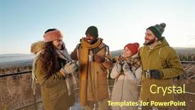  Presentation with hot tea - Slide set consisting of happy-intercultural-friends-in-winterwear background and a tawny brown colored foreground
