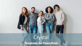  Presentation with intercultural - Presentation theme featuring happy intercultural guys and girls in casualwear standing against white wall in front of camera background and a seafoam green colored foreground