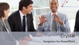  Presentation with international business - Audience pleasing presentation theme consisting of happy international business people discussing a budget plan in a meeting backdrop and a light blue colored foreground