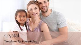  Presentation with multicultural - Slide set consisting of happy interracial family sitting background and a coral colored foreground