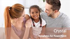  Presentation with multicultural - PPT theme with happy interracial family sitting background and a coral colored foreground