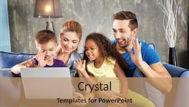  Presentation with follow up family - Presentation theme featuring happy interracial family with laptop background and a coral colored foreground