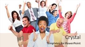  Presentation with big group people - Slide deck enhanced with happy joyful people group isolated background and a lemonade colored foreground