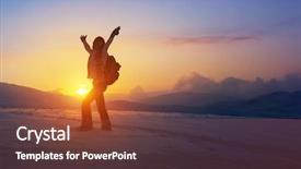  Presentation with snow mountain - PPT layouts enhanced with happy joyful woman having fun outdoors standing on the mountains with raised up hands on the mountain covered with snow active winter holidays background and a tawny brown colored foreground