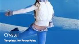  Presentation with snow day - Beautiful slides featuring happy joyful woman having fun in winter mountains in bright sunny day playing on the snow raised hands and leg enjoying active wintertime vacation backdrop and a teal colored foreground