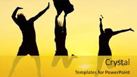  Presentation with happy holiday - Cool new PPT theme with happy jump during sunset or sunrise while on holiday at the beach backdrop and a yellow colored foreground