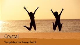  Presentation with happy holiday - PPT layouts consisting of happy jump during sunset or sunrise while on holiday at the beach background and a gold colored foreground