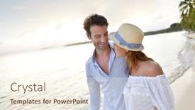  Presentation with married - Beautiful presentation theme featuring happy just married couple walking on a sandy beach backdrop and a cream colored foreground