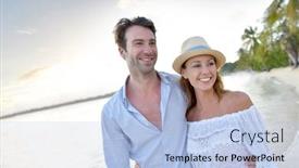  Presentation with married - Cool new PPT theme with happy just married couple walking on a sandy beach backdrop and a light blue colored foreground
