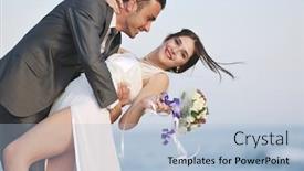  Presentation with married - Colorful presentation theme enhanced with happy just married young couple celebrating and have fun at beautiful beach sunset backdrop and a light blue colored foreground
