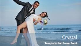  Presentation with married couple - Beautiful PPT theme featuring happy just married young couple celebrating and have fun at beautiful beach sunset backdrop and a teal colored foreground