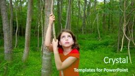  Presentation with liana - Slides enhanced with happy kid girl playing in forest park jungle with liana looking up background and a forest green colored foreground