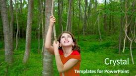  Presentation with liana - Beautiful presentation theme featuring happy kid girl playing in forest park jungle with liana looking up backdrop and a forest green colored foreground