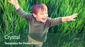  Presentation with freedom - Slide deck featuring happy kid with raised arms in green spring field against blue sky freedom and happiness concept background and a ocean colored foreground