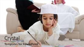  Presentation with schools - Presentation theme consisting of happy kid working on homework background and a coral colored foreground