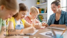  Presentation with school kids - PPT theme with happy-kids-and-teacher background and a coral colored foreground