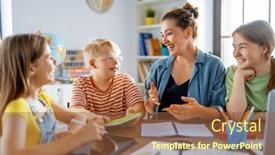  Presentation with class - PPT theme consisting of happy-kids-and-teacher background and a tawny brown colored foreground