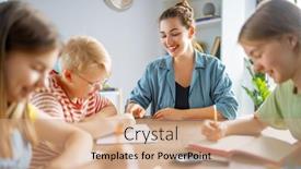  Presentation with children talking - Presentation theme featuring happy-kids-and-teacher background and a coral colored foreground