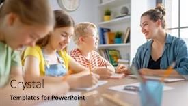  Presentation with children talking - Presentation with happy-kids-and-teacher background and a coral colored foreground