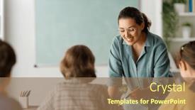  Presentation with school-kids - PPT theme enhanced with happy-kids-and-teacher background and a coral colored foreground