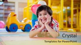  Presentation with happy kids - Slide deck enhanced with happy kids at indoor playground background and a yellow colored foreground