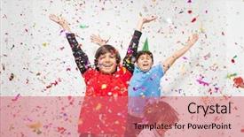  Presentation with happy kids - Amazing slide deck having happy kids celebrating party backdrop and a coral colored foreground