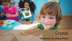  Presentation with art - Colorful presentation design enhanced with happy kids doing arts backdrop and a coral colored foreground