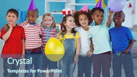  Presentation with kids birthday - Beautiful slide set featuring happy kids enjoying a birthday party standing together backdrop and a ocean colored foreground