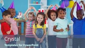  Presentation with birthday kids - Beautiful presentation design featuring happy kids enjoying a birthday party standing together backdrop and a ocean colored foreground
