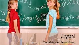  Presentation with school testing - Presentation design featuring happy kids holding flask background and a coral colored foreground