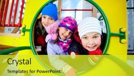  Presentation with playground - Presentation theme consisting of happy kids in winterwear looking at camera while having fun on playground background and a yellow colored foreground