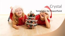  Presentation with christmas kids - Presentation design with happy kids on the floor at christmas time with a small decorated tree - isolated background and a white colored foreground