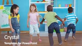  Presentation with kids playing - Cool new slide set with happy kids playing games together backdrop and a violet colored foreground