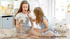  Presentation with lipstick - Slides featuring happy-kids-playing-with-makeup background and a coral colored foreground