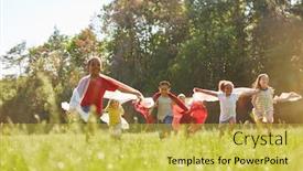  Presentation with happy korean kids - Presentation design with happy kids run together with towels over meadow in summer background and a yellow colored foreground