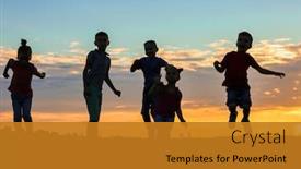  Presentation with happy kids - Audience pleasing PPT theme consisting of happy-kids-silhouettes-on-sunset backdrop and a gold colored foreground