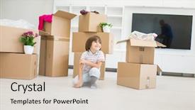  Presentation with happy kids - Colorful PPT theme enhanced with happy kids with boxes at new modern home backdrop and a soft green colored foreground