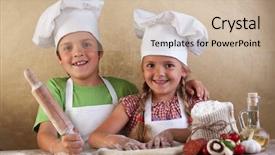  Presentation with cooking kids - Audience pleasing slide set consisting of happy kids with chef hats backdrop and a soft green colored foreground