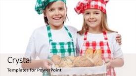  Presentation with kids chef - Amazing presentation design having happy kids with chef hats holding basket with fresh bakery products - isolated backdrop and a lemonade colored foreground