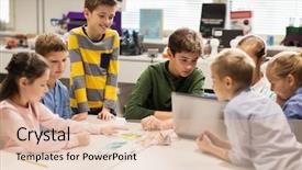  Presentation with education children technology science - Cool new presentation design with happy kids with laptop computer backdrop and a lemonade colored foreground