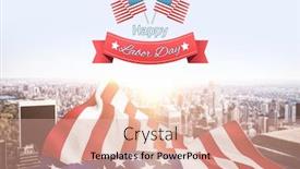  Presentation with labor - Slides having happy labor day text badge with flags against city skyline background and a coral colored foreground