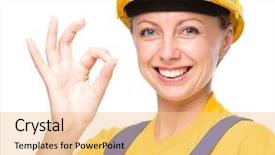  Presentation with happy anniversay work - Presentation theme with happy lady as a construction background and a  colored foreground