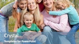  Presentation with family children - Presentation design with happy large family with children in autumn park background and a teal colored foreground