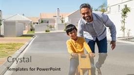  Presentation with helping - Amazing slide deck having happy-latin-father-helping-smiling backdrop and a mint green colored foreground