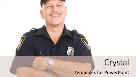  Presentation with police - Amazing PPT theme having happy laughing police officer isolated backdrop and a soft green colored foreground