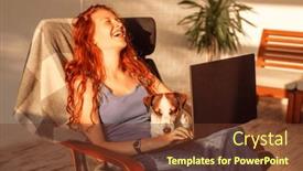  Presentation with blogger - Presentation theme having happy-laughing-young-woman-sitting background and a tawny brown colored foreground