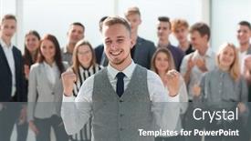  Presentation with team leader - Cool new slide deck with happy-leader-standing-in-front backdrop and a gray colored foreground