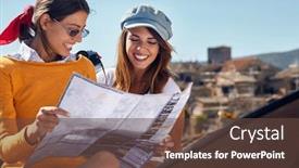  Presentation with globel map - Amazing PPT layouts having happy-lesbians-looking-at-map backdrop and a tawny brown colored foreground